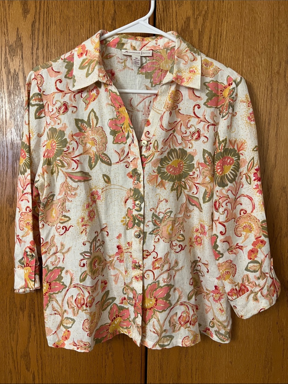 JM Collection Cream Button-Down Shirt with Pink & Green Floral Print